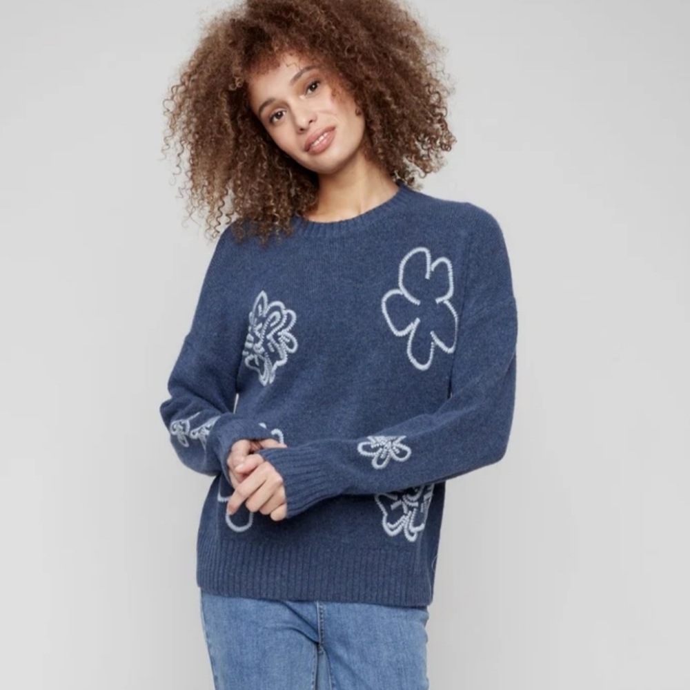 NWT CHARLIE B Embroidered Cozy Denim Blue Knit Flowers Floral Sweater M